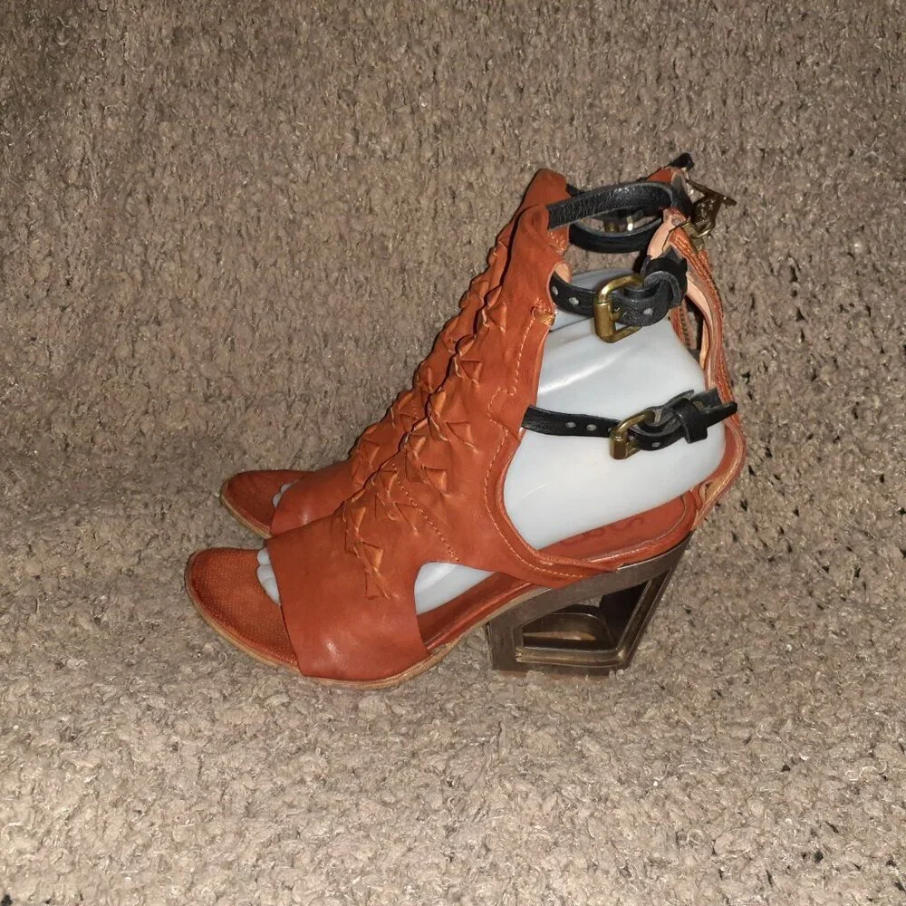 A.S.98 POLARIS-Chestnut Leather/Black Straps Gladiator/Cage Sanda-Sz37-Near Mint - Picture 2 of 9